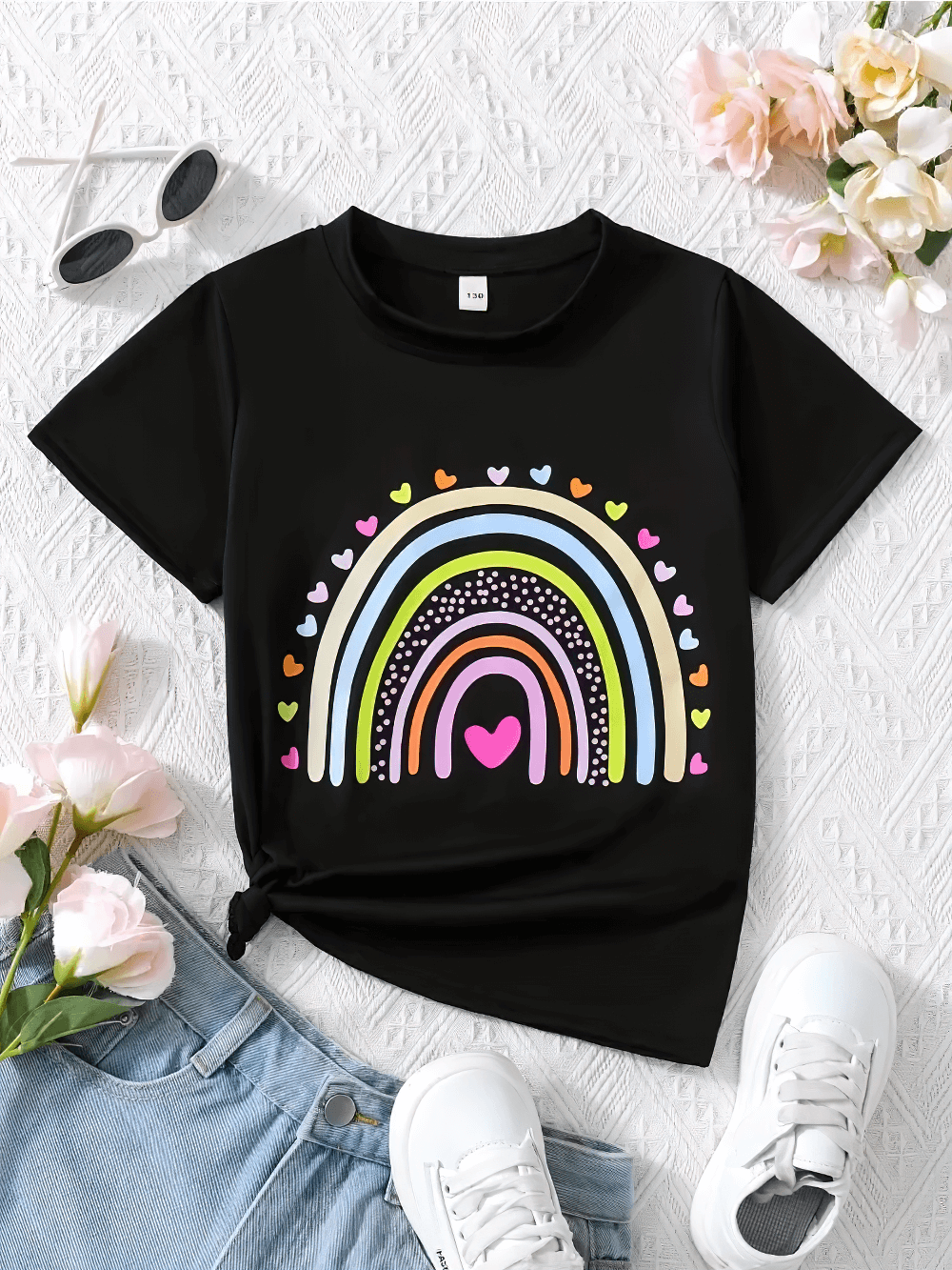Rainbow Heart Print Short-Sleeved T-Shirt - SF3593 displayed with blue jeans and white sneakers, playful and colorful style for kids.